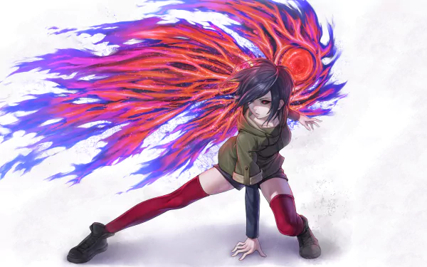 HD wallpaper featuring Touka Kirishima from the anime Tokyo Ghoul. She dynamically poses with vibrant, fiery wings extending from her back, set against a light background.