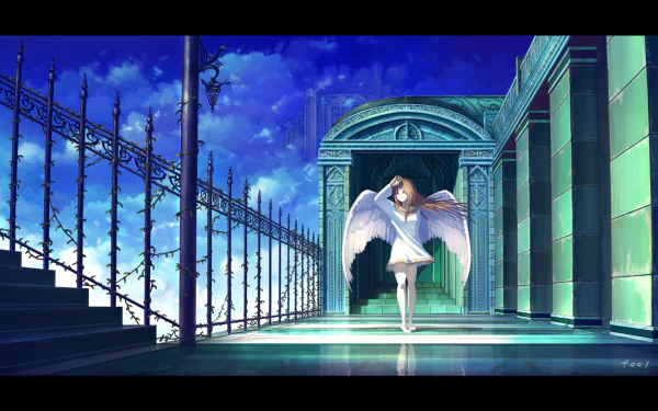 A serene HD anime wallpaper featuring an angelic figure with white wings, gracefully walking through an ornate architectural setting against a vibrant blue sky.