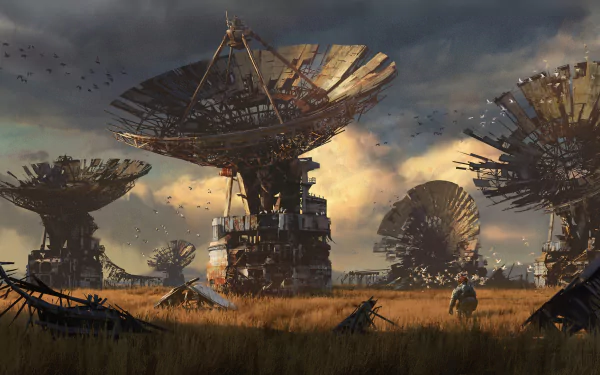 Post-apocalyptic Sci-Fi scene with large, abandoned satellite dishes in a desolate landscape; dark, cloudy sky in the background. HD desktop wallpaper and background.