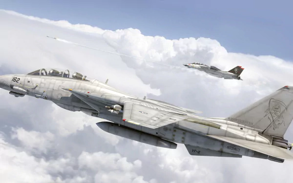 HD desktop wallpaper featuring two Grumman F-14 Tomcat jet fighter warplanes soaring above the clouds in a military flight formation.