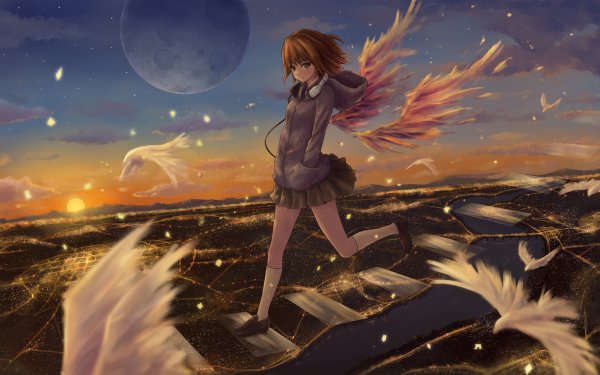 Anime Original Headphones Wings HD Wallpaper | Background Image
