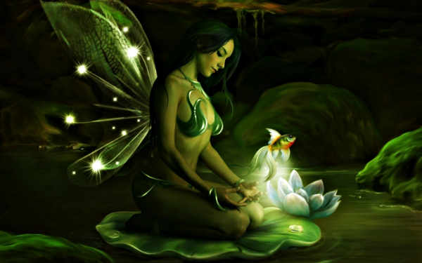 Fantasía Hada Pond Lily Pad Pez Verde Fondo de pantalla HD | Fondo de Escritorio