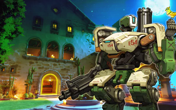 Bastion from Overwatch stands in a vibrant setting, featuring a detailed background that enhances this HD PC desktop wallpaper inspired by the video game.