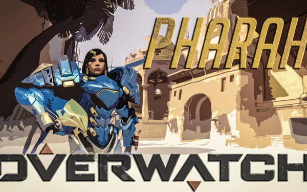 HD PC desktop wallpaper of Pharah from Overwatch in blue Raptora armor hovering above an Egyptian-style courtyard, bold PHARAH and OVERWATCH logos in the background.