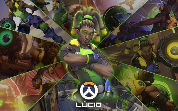 HD desktop wallpaper featuring Lúcio from Overwatch, showcased in dynamic action shots with vibrant colors and energetic poses, highlighting his role in the popular video game.