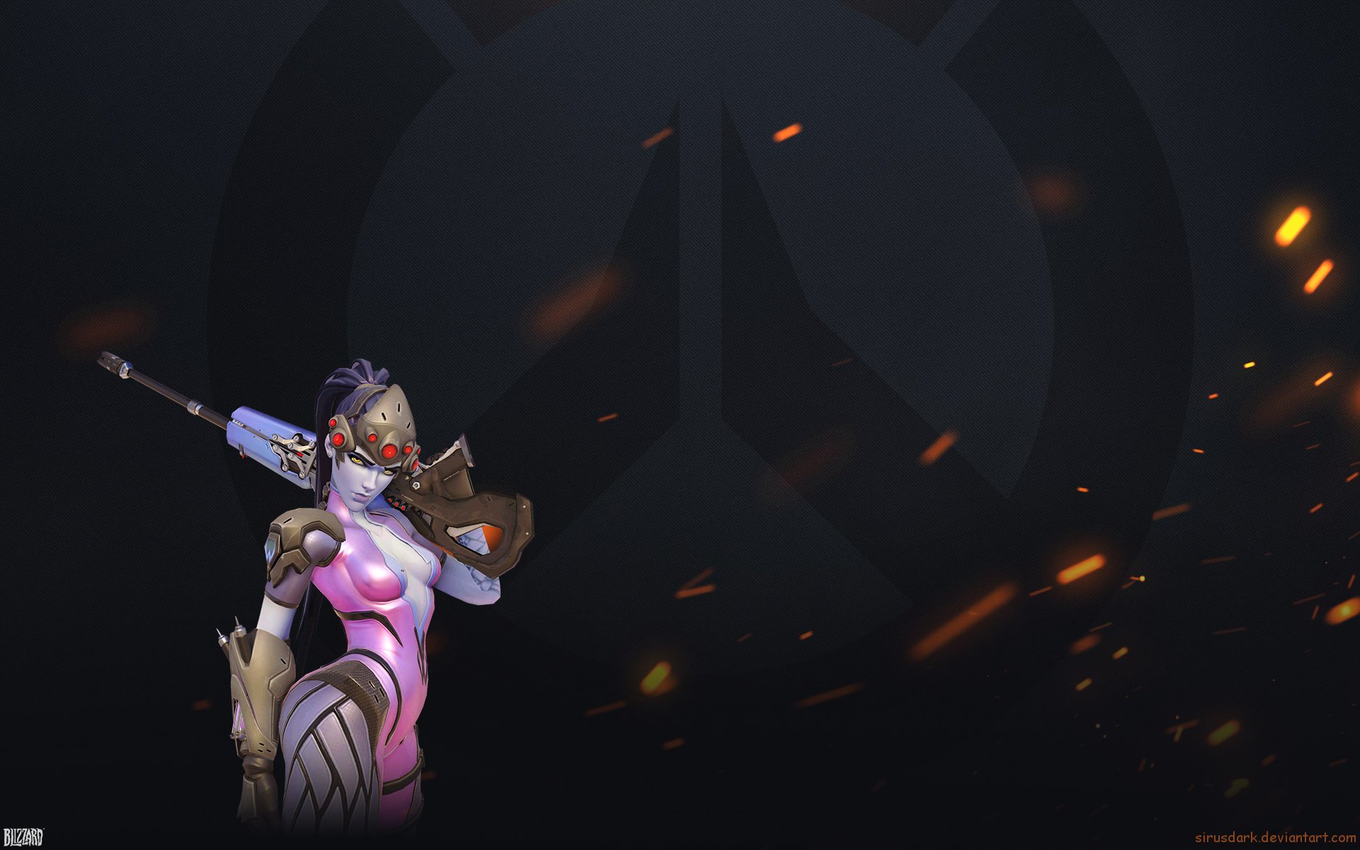 HD PC desktop wallpaper featuring Widowmaker from the video game Overwatch, set against a dark background with glowing embers and the Overwatch logo.