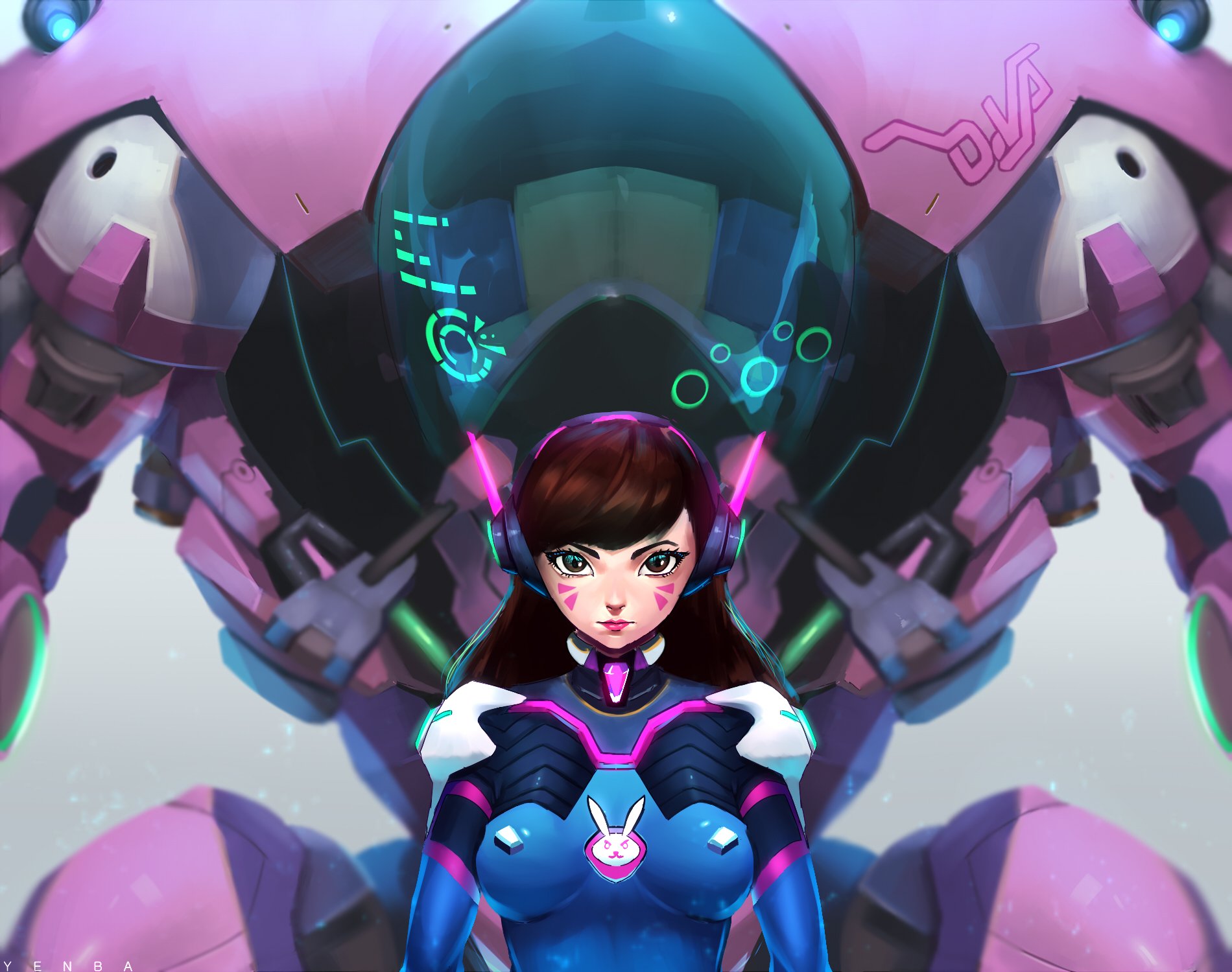 A vibrant HD desktop wallpaper featuring D.Va from Overwatch, showcasing her in front of her pink mech, highlighting her iconic gaming style and personality.