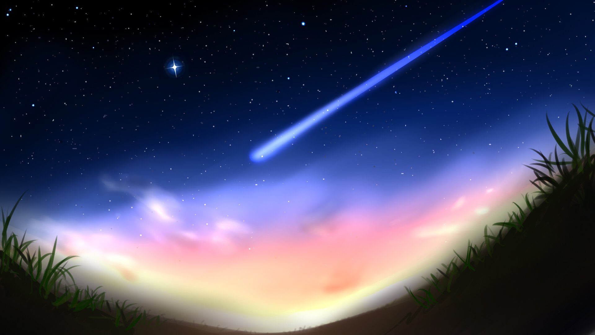 HD PC desktop wallpaper of a vibrant night sky from the anime Charlotte, featuring a bright shooting star and glowing horizon over silhouetted grass.