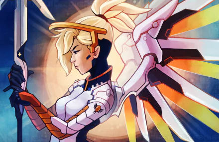HD PC desktop wallpaper featuring Mercy from the video game Overwatch, depicted with her iconic staff and glowing angelic wings in a vibrant, stylized design.