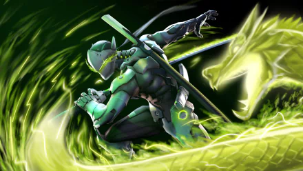 HD desktop wallpaper featuring Genji from the video game Overwatch. The dynamic artwork showcases Genji in an action pose with a glowing green dragon.