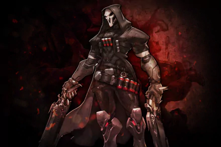 A dramatic HD desktop wallpaper featuring Reaper, a character from the video game Overwatch, clad in dark attire with dual guns and explosive gear against a striking red background.