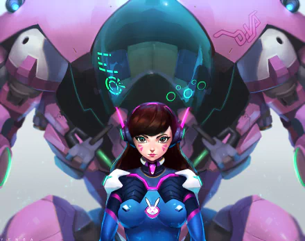 A vibrant HD desktop wallpaper featuring D.Va from Overwatch, showcasing her in front of her pink mech, highlighting her iconic gaming style and personality.