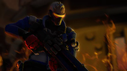HD desktop wallpaper featuring Soldier: 76 from the video game Overwatch, with a dramatic background of flames and shadows.