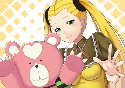 Anime-style HD desktop wallpaper featuring Haruna and Kirishima from Arpeggio of Blue Steel, with Haruna holding a pink teddy bear against a yellow patterned background.