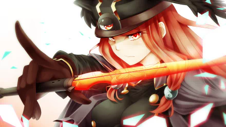 HD PC desktop wallpaper featuring Tsubaki Yayoi from the anime Blazblue, showcasing her intense gaze and glowing sword in dynamic action.