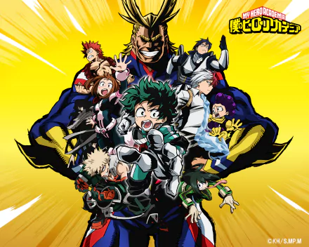 HD wallpaper featuring characters from the anime My Hero Academia, including Shoto Todoroki, Shouta Aizawa, Eijiro Kirishima, Toshinori Yagi, Tsuyu Asui, Tenya Iida, Ochaco Uraraka, Minoru Mineta, Katsuki Bakugou, and Izuku Midoriya.