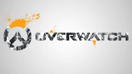 HD PC desktop wallpaper featuring the Overwatch logo with a monochrome character collage and orange paint splashes, representing the popular video game.