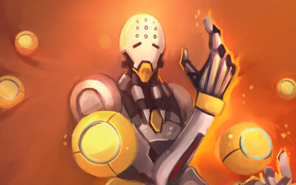 A vibrant HD desktop wallpaper featuring Zenyatta from Overwatch, showcasing the character in a dynamic pose surrounded by glowing orbs against a warm background.