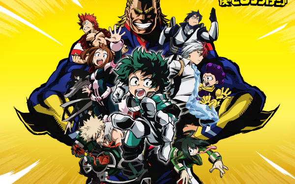 HD wallpaper featuring characters from the anime My Hero Academia, including Shoto Todoroki, Shouta Aizawa, Eijiro Kirishima, Toshinori Yagi, Tsuyu Asui, Tenya Iida, Ochaco Uraraka, Minoru Mineta, Katsuki Bakugou, and Izuku Midoriya.