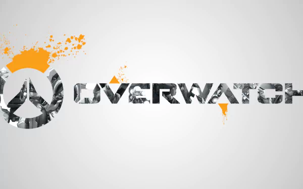 HD PC desktop wallpaper featuring the Overwatch logo with a monochrome character collage and orange paint splashes, representing the popular video game.
