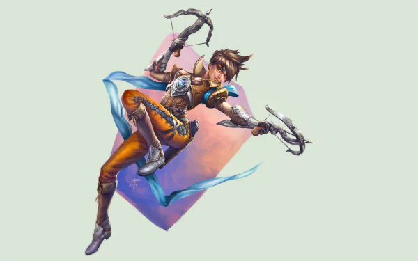 4K Ultra HD PC wallpaper featuring Tracer from the video game Overwatch in an action pose with dual pulse pistols and dynamic movement against a soft geometric background.