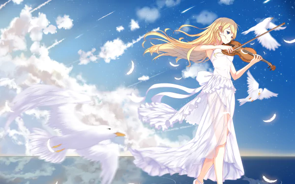 A stunning HD wallpaper featuring Kaori Miyazono from *Your Lie in April*, playing the violin in a flowing white dress, surrounded by birds against a vibrant sky.