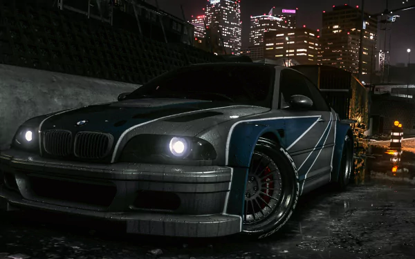 A sleek, modified BMW sits in a vibrant urban setting, illuminated by city lights, showcasing the intense visuals from the Need For Speed (2015) video game. HD PC desktop wallpaper.