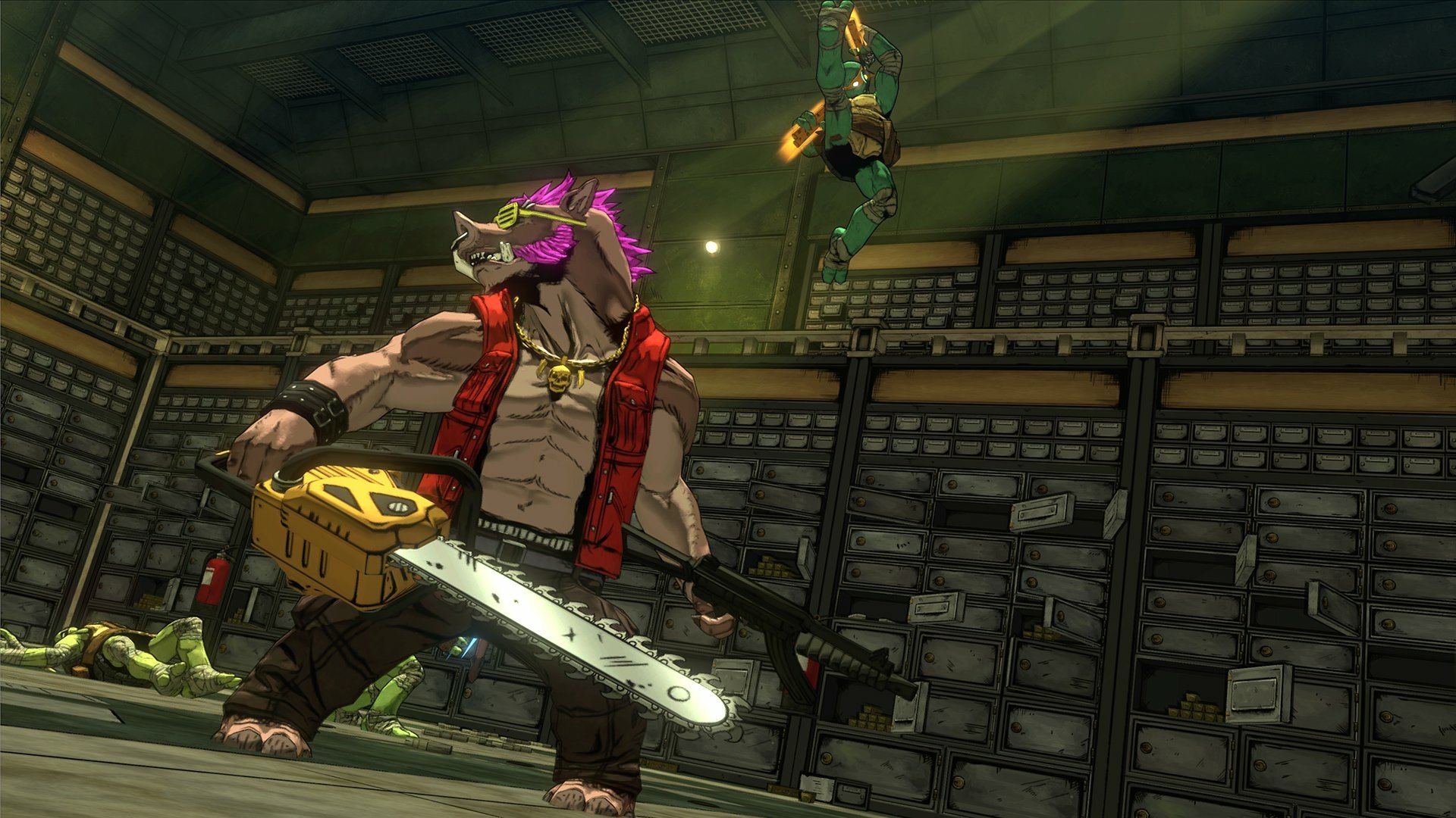 HD wallpaper of Bebop facing Michelangelo from Teenage Mutant Ninja Turtles: Mutants in Manhattan game.