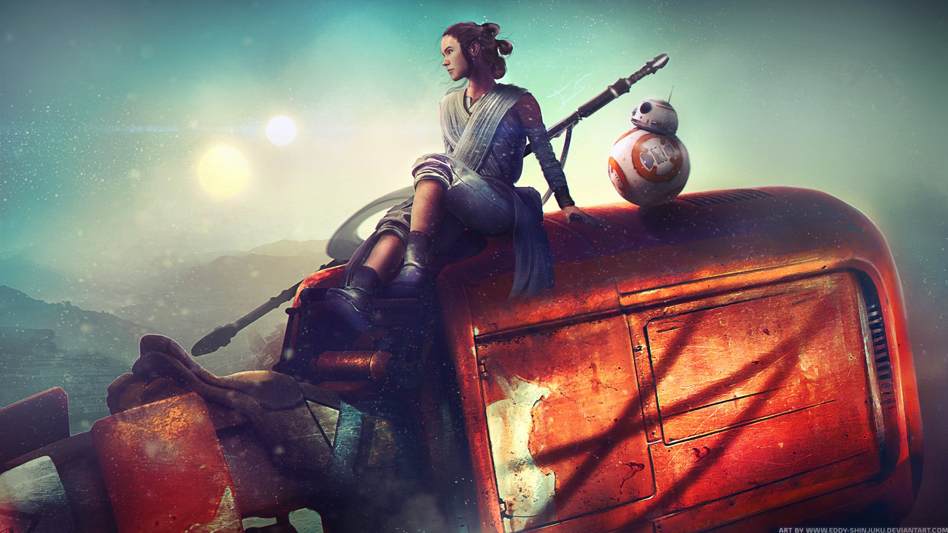 Rey sits on an abandoned vehicle with BB-8 by her side, set against a mystical backdrop in this HD wallpaper from Star Wars Episode VII: The Force Awakens.