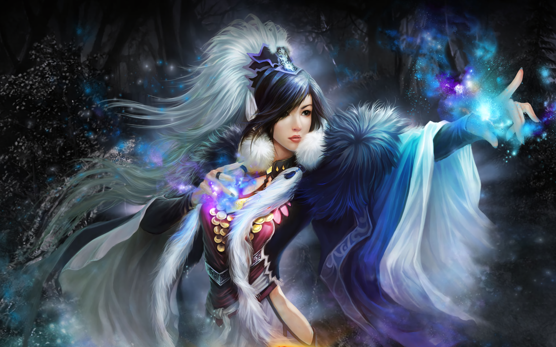 A magical brunette Asian woman, dressed as a fantasy warrior, wields glowing energy amidst a mystical dark forest, creating a captivating HD desktop wallpaper scene.