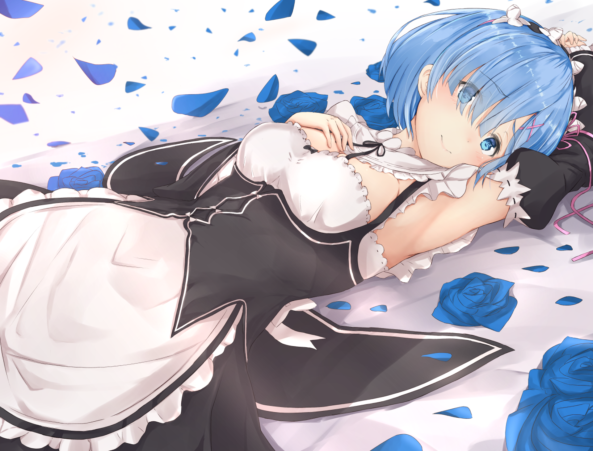 This HD desktop wallpaper features Rem from Re:Zero - Starting Life in Another World. The character has blue hair, blue eyes, and is lying among blue rose petals.