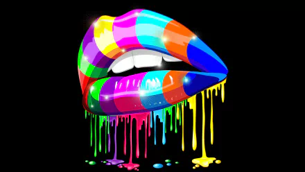 HD PC desktop wallpaper featuring artistic, colorful rainbow-painted lips with dripping paint on a black background.
