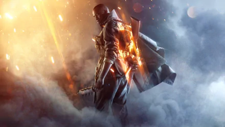 HD desktop wallpaper featuring an intense and dramatic scene from the video game Battlefield 1, showcasing a soldier enveloped in a smoky battlefield with glowing embers and light flares.