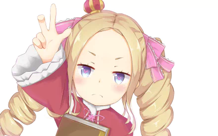 Beatrice from Re:ZERO - Starting Life in Another World strikes a playful pose, showcasing her distinct style in this vibrant HD desktop wallpaper.