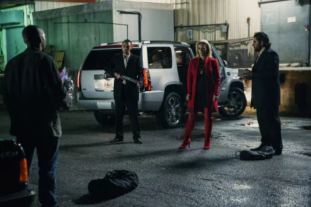 A dramatic scene from the movie Triple 9, featuring Kate Winslet in a striking red outfit, surrounded by four characters in a dimly lit urban setting. 4K Ultra HD background.