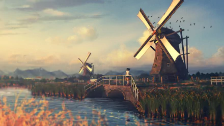 An HD anime wallpaper featuring original artwork of windmills by a river at sunset, with soft, scenic hues and birds flying in the sky.