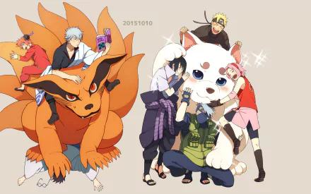 HD wallpaper featuring anime crossover of Gintama and Naruto characters, including Gintoki on Kyūbi and Naruto on Sadaharu. Other characters: Sasuke, Kakashi, Shinpachi, Sakura, Kagura, and Sadaharu.
