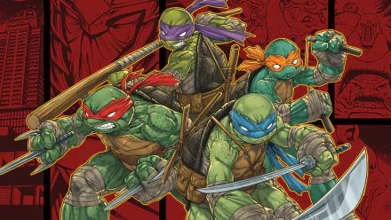 HD PC desktop wallpaper/background of the Teenage Mutant Ninja Turtles from the video game Teenage Mutant Ninja Turtles: Mutants in Manhattan — Leonardo, Donatello, Michelangelo, Raphael ready for battle.