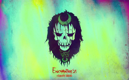 HD wallpaper featuring the Enchantress from DC Comics. The vibrant background showcases her iconic skull imagery, set against a colorful, mystical backdrop, inspired by the movie Suicide Squad.