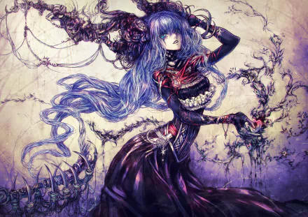 A fantasy HD desktop wallpaper featuring a woman with long blue hair and striking blue eyes, dressed in an intricate dark dress, surrounded by ethereal, twisted vines.