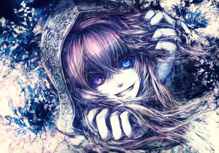 HD anime wallpaper featuring an original character with heterochromia, smiling with one blue and one purple eye, framed by flowing hair and a decorated hood.