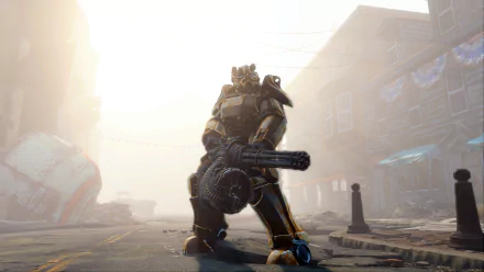 HD PC desktop wallpaper featuring a Brotherhood of Steel soldier from the video game Fallout 4, standing in a foggy, post-apocalyptic urban environment with a heavy weapon.