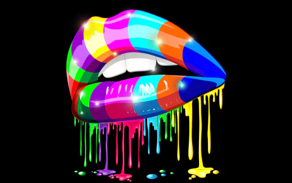 HD PC desktop wallpaper featuring artistic, colorful rainbow-painted lips with dripping paint on a black background.