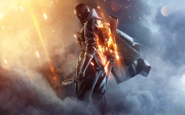 HD desktop wallpaper featuring an intense and dramatic scene from the video game Battlefield 1, showcasing a soldier enveloped in a smoky battlefield with glowing embers and light flares.