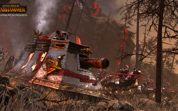 HD desktop wallpaper from Total War: Warhammer featuring a battle scene with a war machine and chaotic landscape.
