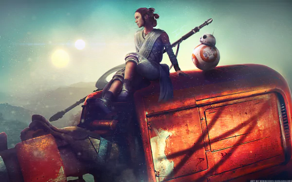 Rey sits on an abandoned vehicle with BB-8 by her side, set against a mystical backdrop in this HD wallpaper from Star Wars Episode VII: The Force Awakens.