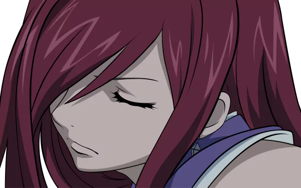 Erza Scarlet from Fairy Tail with closed eyes and flowing red hair, rendered in detailed 4K Ultra HD anime style for a PC desktop wallpaper.