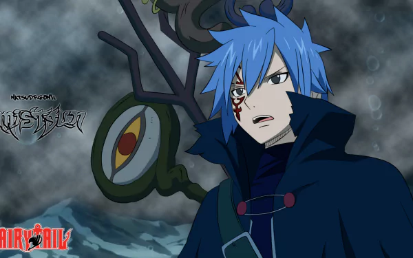 HD wallpaper featuring Mystogan from the anime Fairy Tail, showcasing his striking blue hair and intense expression against a dramatic background.