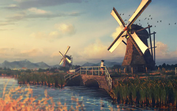 An HD anime wallpaper featuring original artwork of windmills by a river at sunset, with soft, scenic hues and birds flying in the sky.