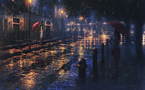 Anime-style HD desktop wallpaper showing a night scene on a rainy street with dim lights reflecting off the wet ground. Two characters holding red umbrellas are visible under the streetlights.
